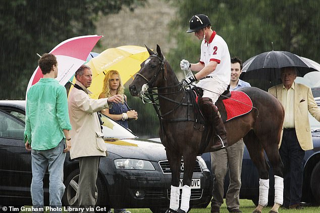 Prince Harry playing polo while Chelsy and the then Prince Charles watch at Cirencester Park Polo Club in 2006