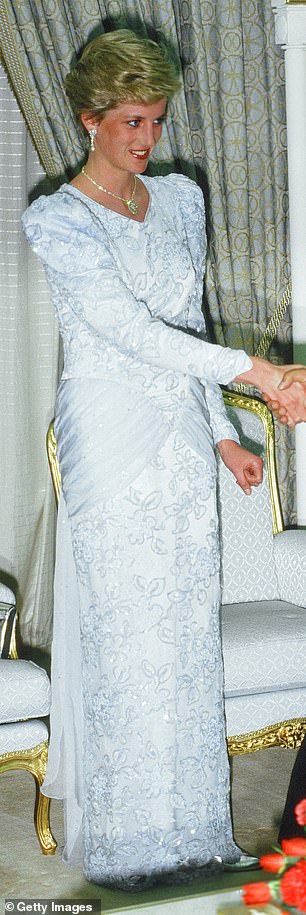 Princess Diana wore a pale blue embellished Catherine Walker gown during an official visit to Qatar in 1987