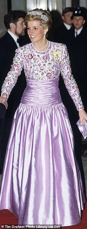 In March 1989, Diana selected a stunning Catherine Walker gown, featuring a lilac taffeta skirt, for her meeting with the Crown Prince of Kuwait