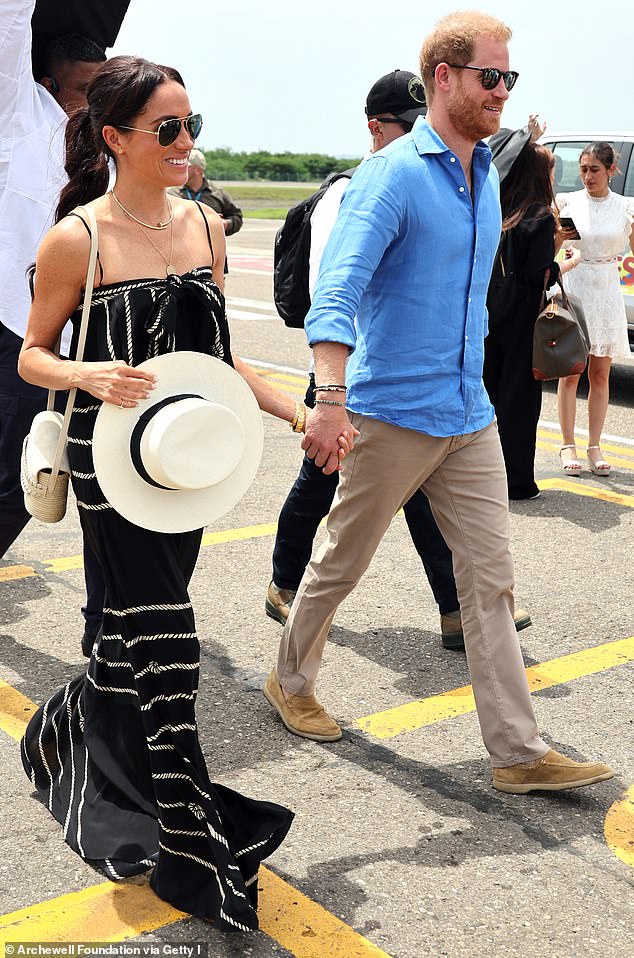 While visiting Colombia this Summer, Meghan opted for some style features rarely - if ever - worn by the working members of the Royal Family during official engagements. These include low-cut necklines and spaghetti straps among others (pictured L-R: Meghan Markle and Prince Harry in Cartagena on August 17)