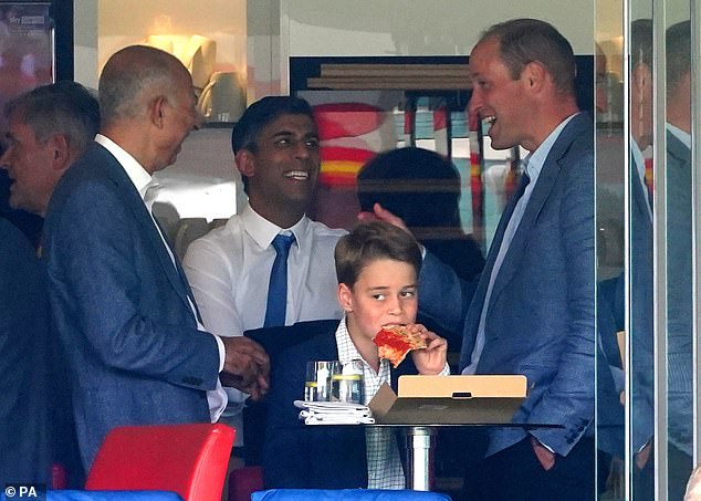 Prince George enjoying a slice of pizza, while William chatted to other guests  at Lord's, including former prime minister Rishi Sunak