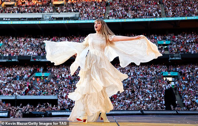 Top Labour figures were last night accused of pressing Scotland Yard to give Taylor Swift police protection for the London leg of her Eras Tour - Swift is pictured performing on stage at Wembley