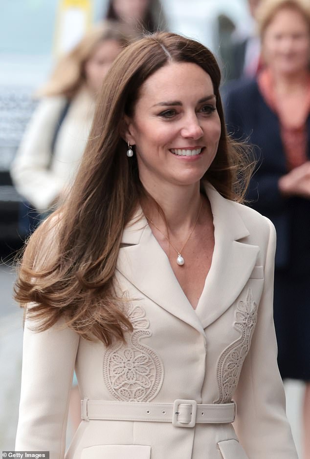 The Princess of Wales teamed a Self-Portrait dress with a delicate pearl necklace by Monica Vinader for a visit to the Royal College of Midwives in 2022