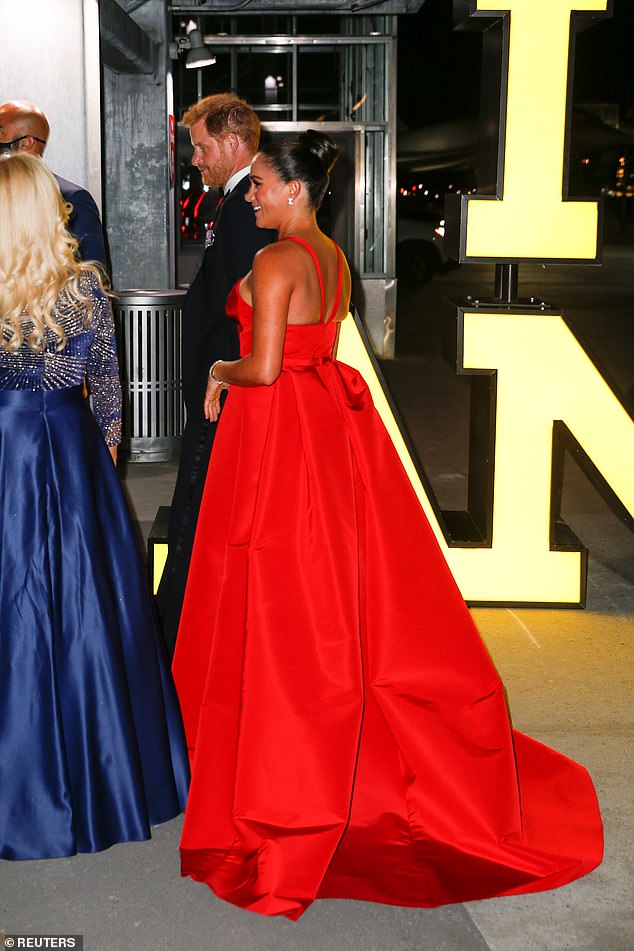 Meghan Markle and Prince Harry are pictured at the Freedom Gala at the Intrepid Sea, Air & Space Museum in New York in 2021