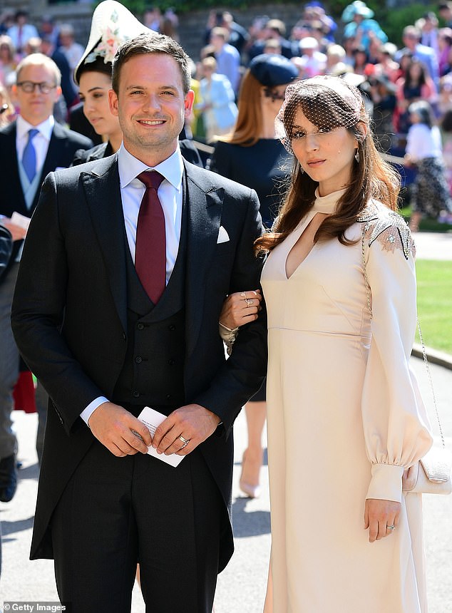 Patrick recently revealed he has had 'zero communication' with his former on-screen love interest. Pictured with his wife Troian at Meghan's wedding to Prince Harry