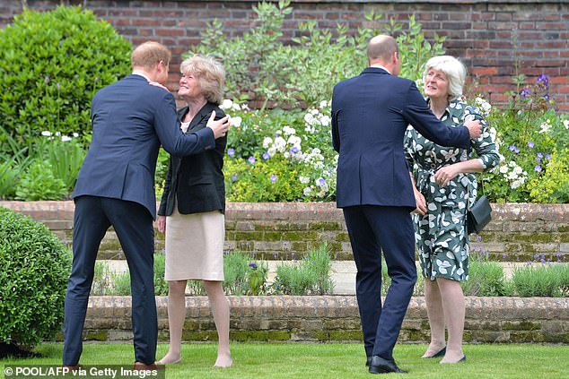 William and Harry embracing their aunts at the unveiling of the statue of their mother, Princess Diana, at Kensington Palace in 2021