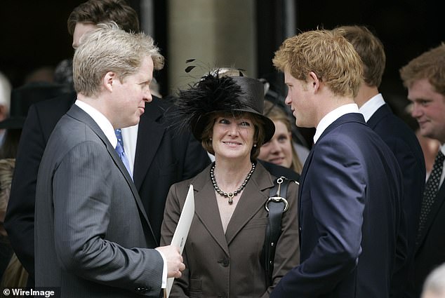 Harry chatting to his uncle and aunt after the service to celebrate the life Princess Diana in August 2007