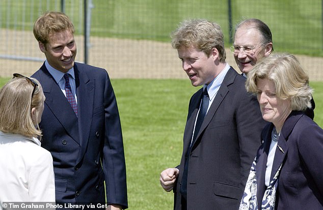 Prince William, Charles Spencer and Lady Jane talk to Kathryn Gufstafson designer of the Diana, Princess of Wales memorial fountain in Hyde Park