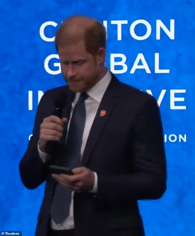 Prince Harry revealed his lock screen is a picture of his children, Prince Archie and Princess Lilibet, in a speech in New York today