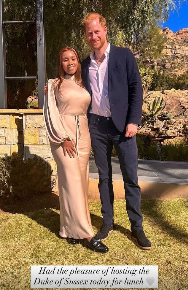 Prince Harry was seen posing with his arm around Princess Senate Seeiso in an image shared by the African royal on Instagram - hours after he flew to the UK