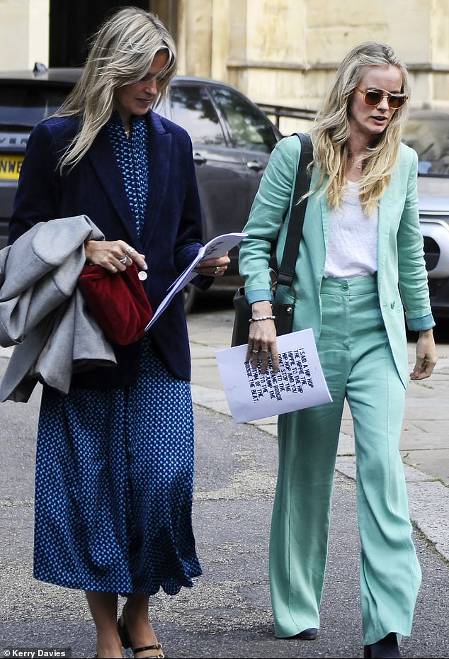 Cressida Bonas (right) arrives to Pandora's memorial service in a pastel green trouser suit