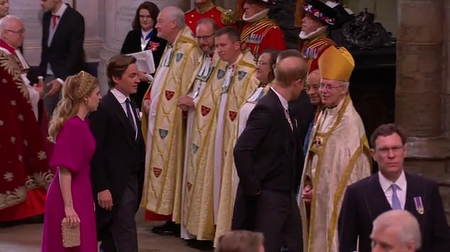 When Harry arrived at Westminster Abbey for the King's coronation (pictured) he said 'good luck' as he moved past Welby, who then replied 'thank you', according to a lip reader