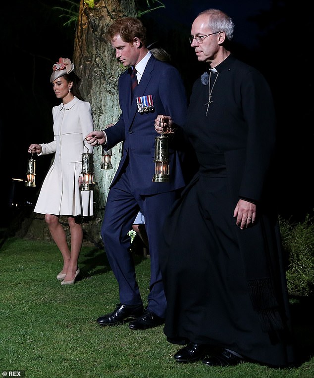 Welby knew Harry long before the wedding. Here he is pictured during a ceremony at St Symphorien Military Cemetery in Mons, Belgium in August, 2014