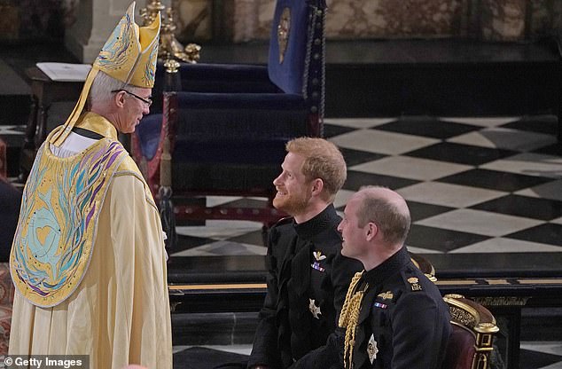 Welby speaking to Prince Harry with his best man, Prince William, at his wedding at Windsor Castle on May 19, 2018