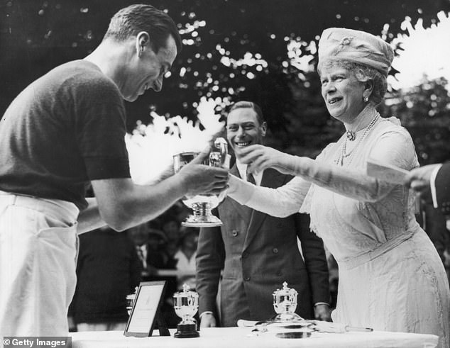 Queen Mary presenting the Duke of York's polo cup to Louis Mountbatten at Ranelagh while the future George VI watches on in 1931