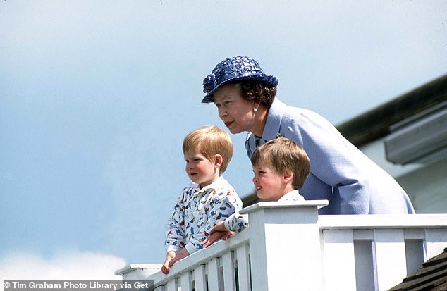 The Queen with grandsons Harry and William watching a polo game in 1987