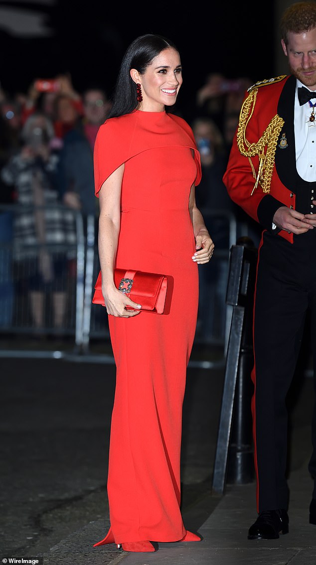 At the Mountbatten Festival of Music in 2020, Meghan wowed onlookers with a scarlet dress by Safiyaa, costing £1,295