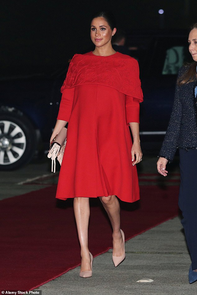 During her royal tour of Morocco in 2019, Meghan showcased a custom-made dress by Valentino in a trapeze-cut design