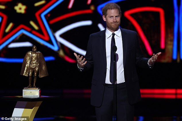 Prince Harry, Duke of Sussex presents the Walter Payton Man of the Year Award at the 13th Annual NFL Honors on February 8, 2024 in Las Vegas