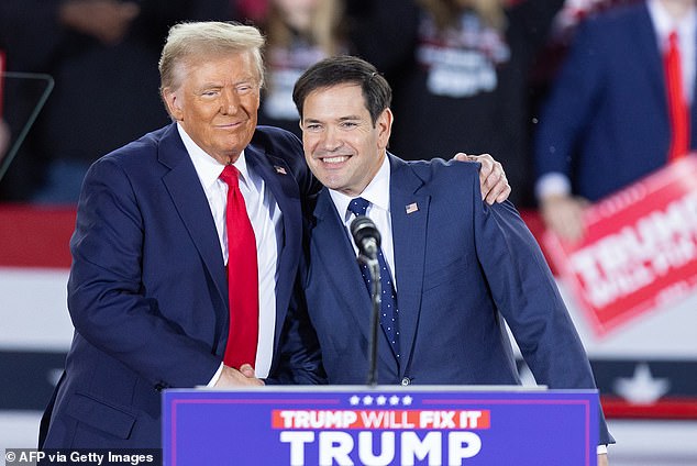 Donald Trump greets Senator Marco Rubio, Republican of Florida, during a campaign rally at the J.S. Dorton Arena in Raleigh, North Carolina, on November 4, 2024