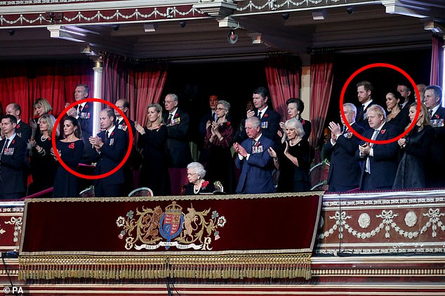 2019: The Duke and Duchess of Cambridge (circled left) sat on the other side of the royal box to the Duke and Duchess of Sussex (circled right)