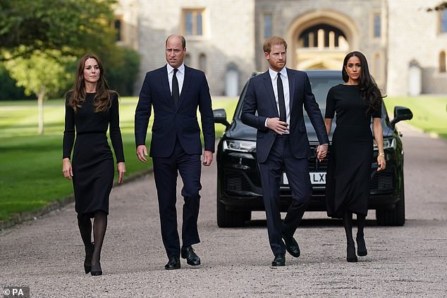 The Princess and Prince of Wales and the Duke and Duchess of Sussex walk step out together to greet members of the public at Windsor Castle in Berkshire following the death of Queen Elizabeth II in September  2022