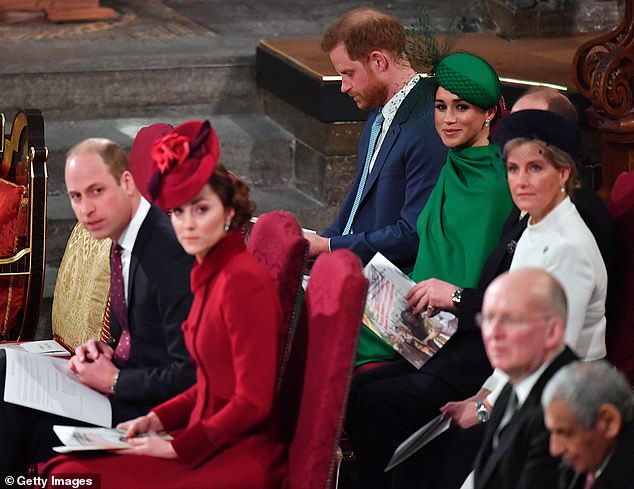 In March 2020, Prince Edward was praised for diffusing any possible tension as he took his seat between the Sussexes and the Prince and Princess of Wales at the Commonwealth Day service that year (pictured)