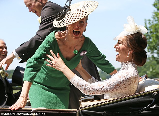 Pictured: The Duchess of Edinburgh and Princess of Wales erupted into laughter when she almost fell on her niece while arriving at Ascot in 2017