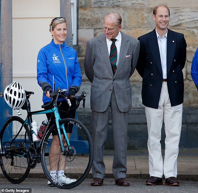 In September 2016, Sophie (pictured with Prince Edward and her late father-in-law) cycled 450 miles from the Palace of Holyroodhouse to Buckingham Palace to celebrate the 60th anniversary of the Duke of Edinburgh's Award