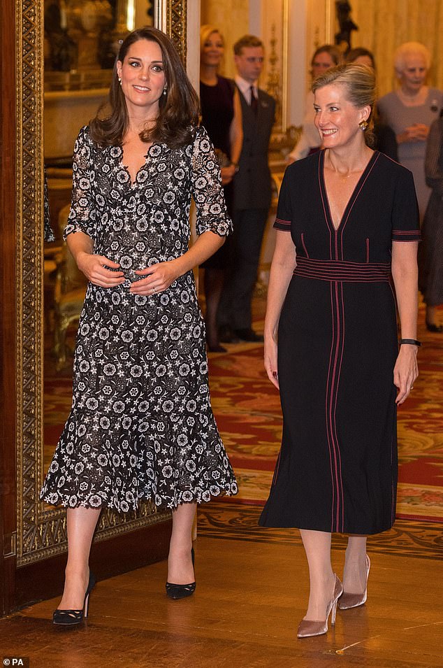 Pictured: The Princess of Wales and the Duchess of Edinburgh hosted a Commonwealth Fashion Exchange at Buckingham Palace in