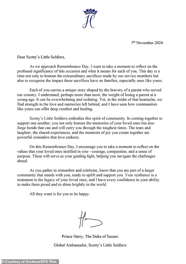 Prince Harry's letter he penned in his role of Global Ambassador for the charity Scotty's Little Soldiers