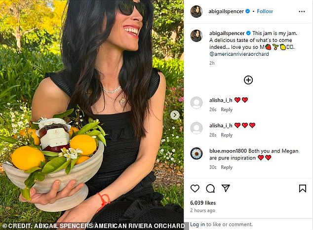 Meghan's friend and Suits co-star Abigail Spencer was among those who was sent a number of strawberry jams to market the upcoming American Riviera Orchard