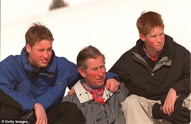 Prince Charles, Prince William and Prince Harry at Klosters on April 6, 2000