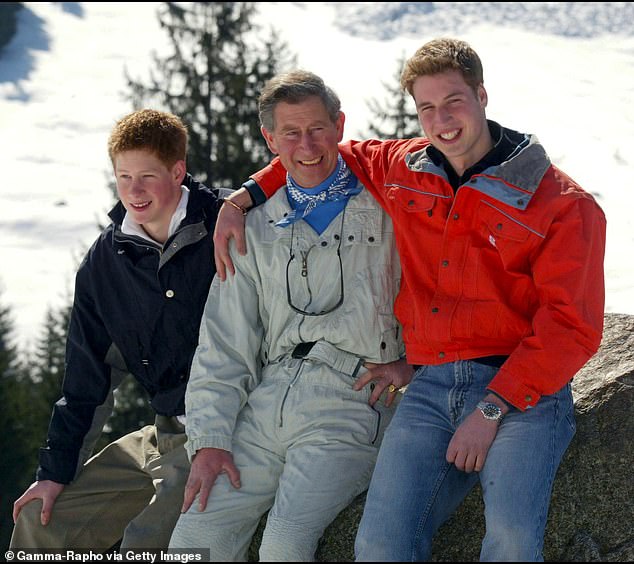 Prince Charles and his sons Prince Harry and Prince William at his favourite ski resort in Klosters, Switzerland, on March 28, 2002