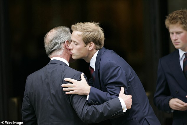 Prince Harry and Prince William greet their father, Prince Charles, Prince of Wales, at the Service to celebrate the life of Diana, Princess of Wales at the Guards Chapel on August 31, 2007