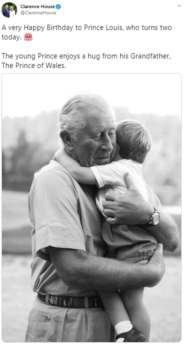 A photo showing the touching moment Prince Charles hugged Prince Louis was shared on the young prince's second birthday