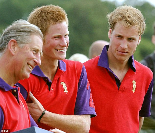 Prince William looks on as the his father and brother share a joke during the presentation ceremony of the Gurkha Welfare Challenge Trophy at Cirencester Park Polo Club