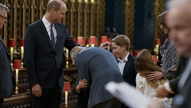 Prince George, Louis and Princess Charlotte gave great big hugs to their grandfather while rehearsing the coronation