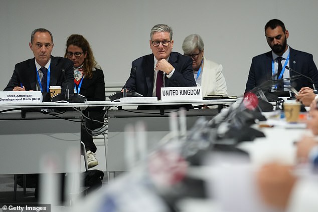 More than 60,000 people are registered to attend the conference which has seen hotel prices rocket 500 per cent. Pictured: Keir Starmer attends the Presidency roundtable on day two