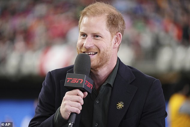 Prince Harry, the Duke of Sussex, speaks during a pre-game television interview prior to the first half of a CFL football game