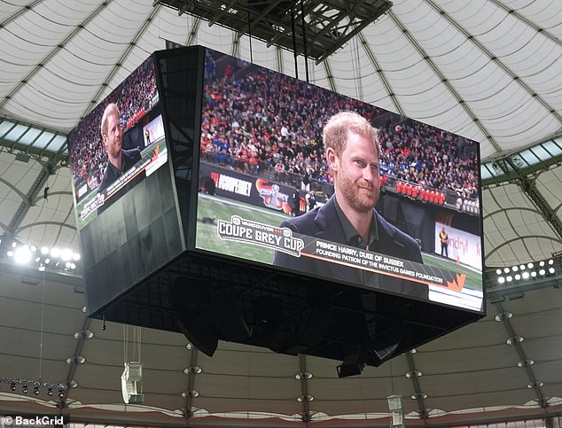 Prince Harry's face appeared on the big screen as he walked onto the pitch in Vancouver