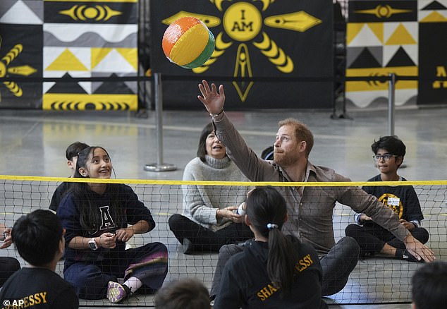 Prince Harry appeared in his element as he participated in a sitting volleyball adaptive sport lesson with students from Shaughnessy Elementary School during an event to launch the Invictus Games school programme in Vancouver