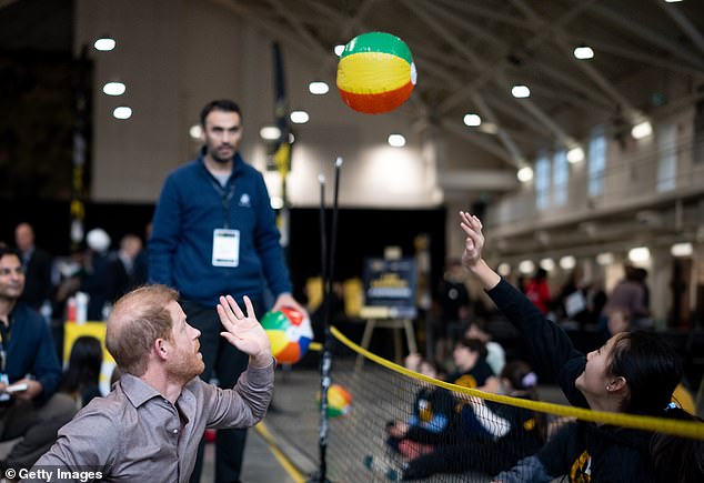 The Duke of Sussex plays sitting volleyball with elementary school students during the Invictus Games 2025 School Programme Launch Event at Seaforth Armoury