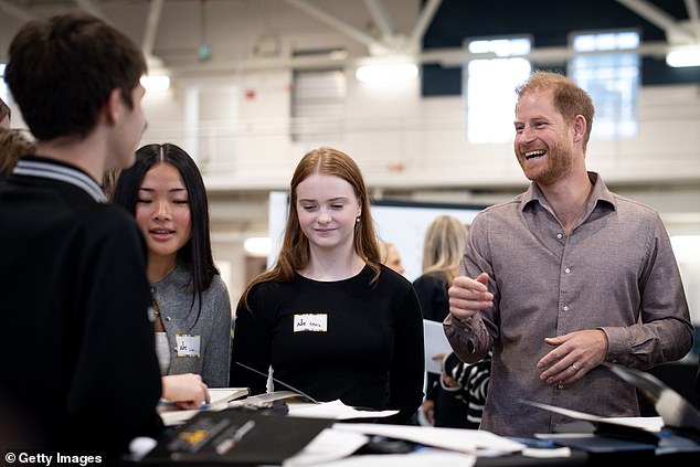 Prince Harry speaks with high school students during the Invictus Games 2025 School Programme Launch Event at Seaforth Armoury