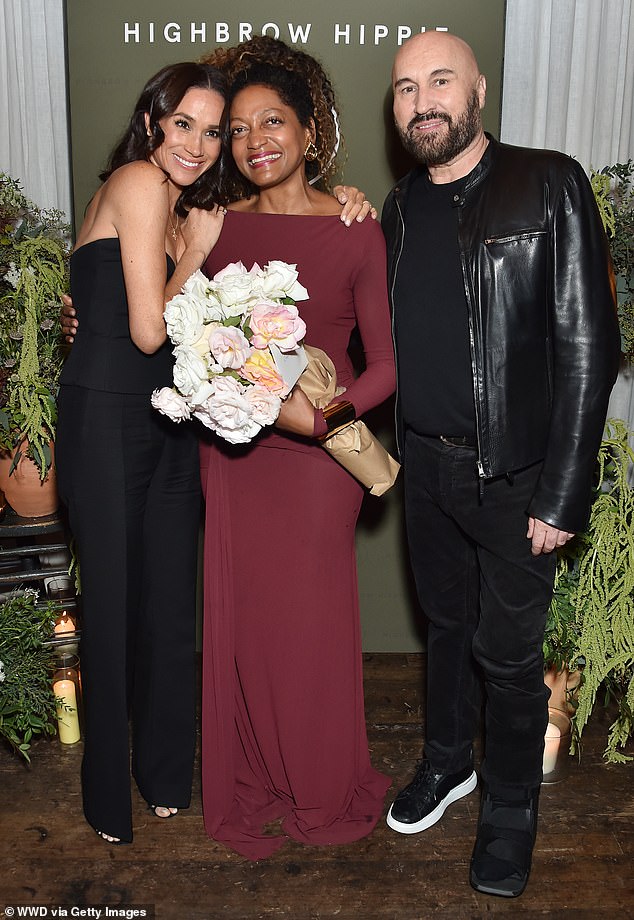 The Duchess of Sussex (pictured left), 43, supported her friend and A-lister hairdresser Kadi Lee (picture centre) in Venice, California on Thursday night at a glitzy launch event. Pictured right, celeb hairstylist Serge Normant