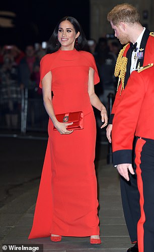 Meghan wore this red Safiyaa gown a year after          Melania wore her gown in the UK