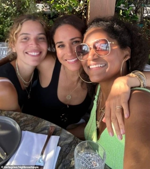 The Duchess of Sussex (centre) with very glamorous Instagram poet Cleo Wade (left) and celebrity colourist Kadi Lee (right) to celebrate her 42nd birthday