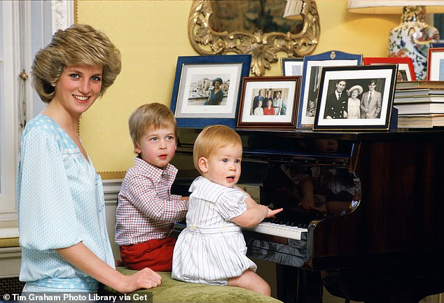 Princess Diana with her two sons sat at a piano in Kensington Palace in 1985