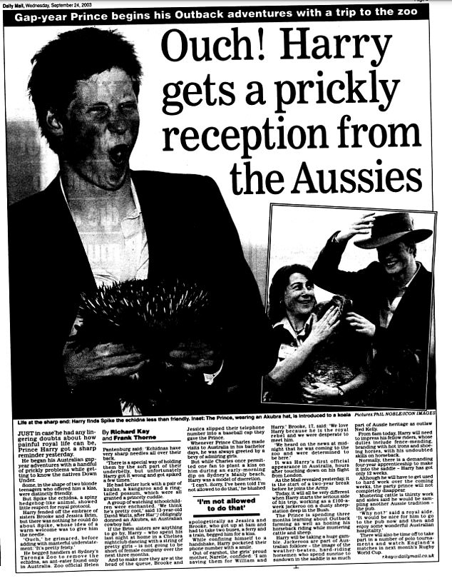 The Daily Mail's coverage of Prince Harry holding Spike, the prickly echidna, at Taronga Zoo in 2003