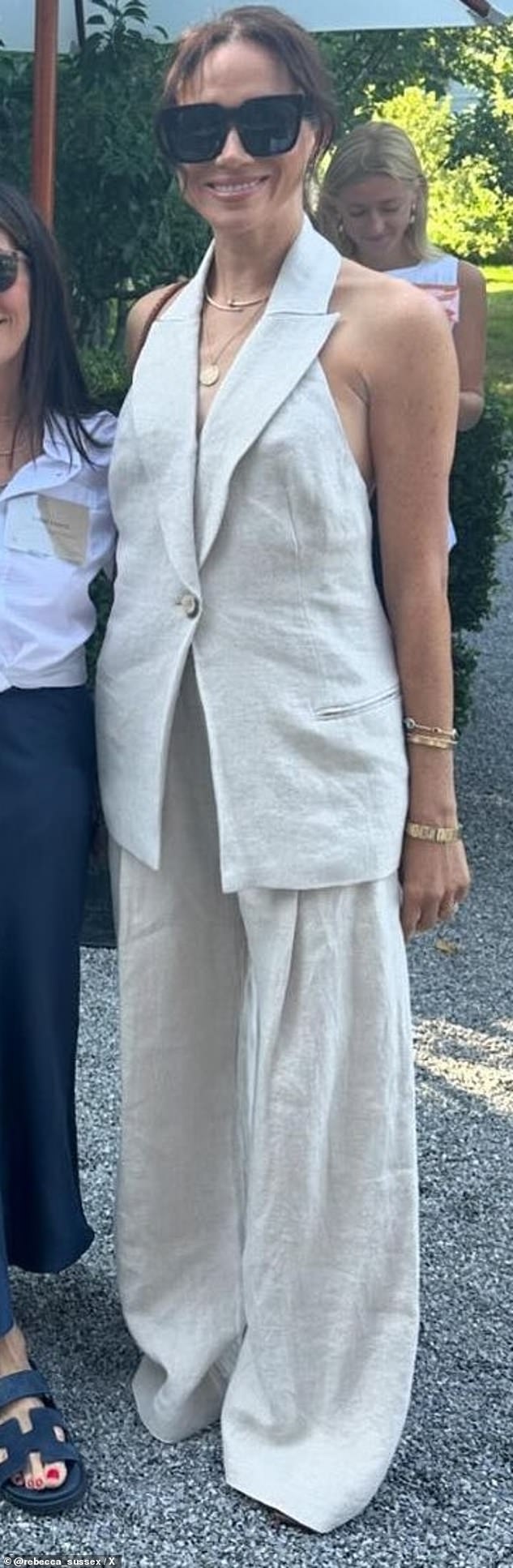 Attending the G9 Ventures Summit in July, Meghan wore a St Agni linen vest and trousers